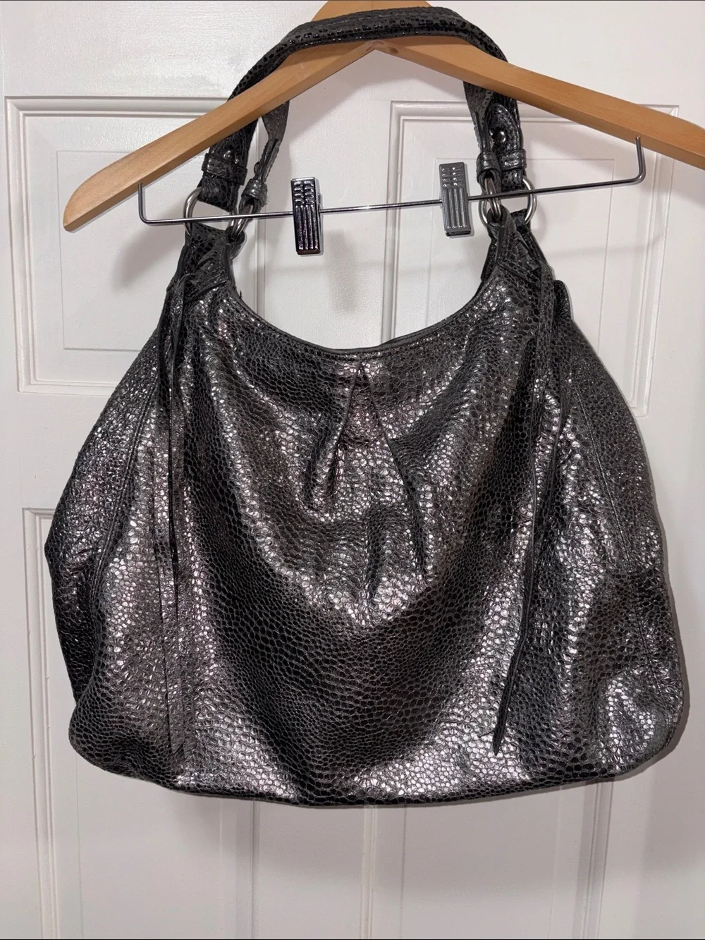 COACH Maggie Crinkle Gunmetal Silver Python Metallic Hobo Bag